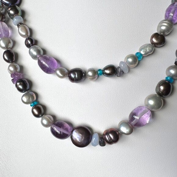 Honora 40 in Pearl & Amethyst Gemstone Necklace and Bracelets, Black, Silver - Picture 6 of 13